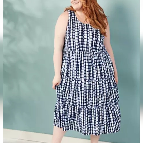 Denim&Co Dresses & Skirts - Denim & Co. Beach Navy Printed Knit Linen Blend Tiered Midi Dress Size Large